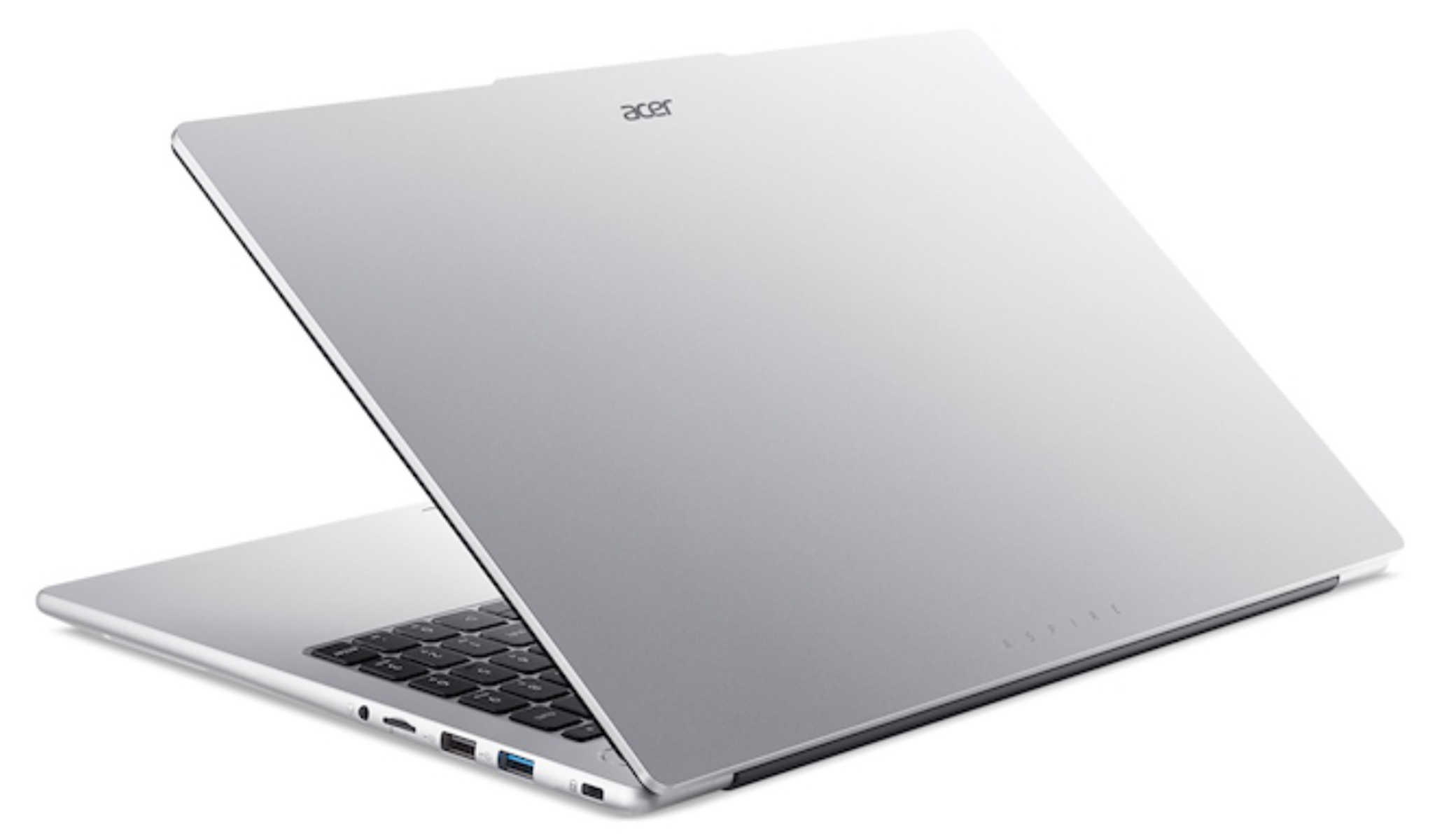 Un portátil plateado Acer con teclado y puertos sobre fondo blanco.