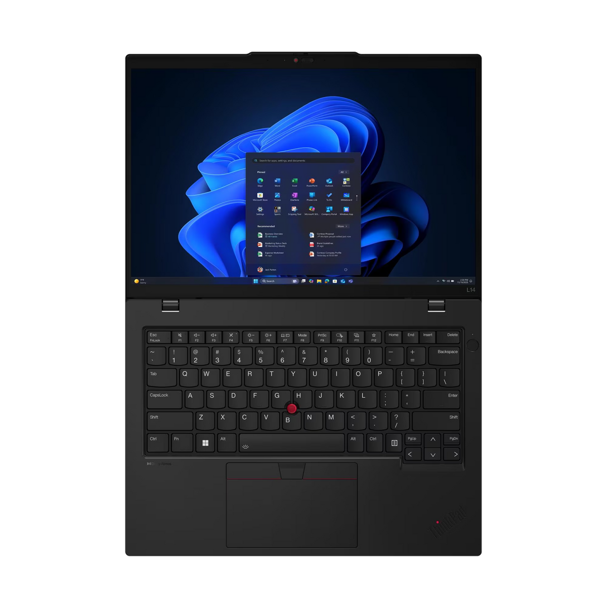 Un portátil abierto mostrando el menú de inicio de Windows 11 con fondo azul.