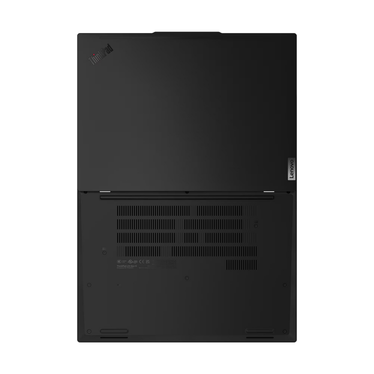 Parte inferior de portátil negro con logos ThinkPad y Lenovo.