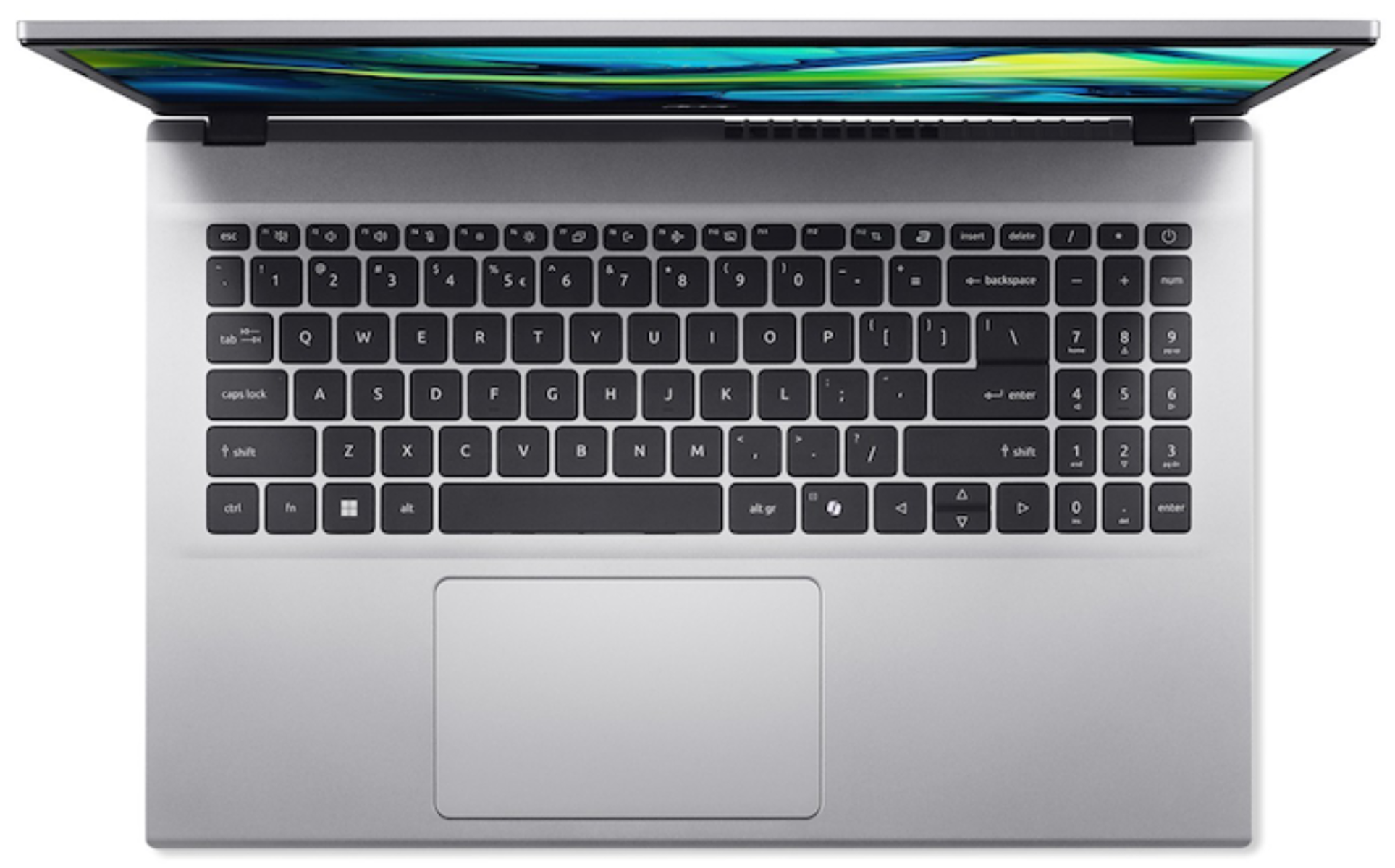 Un portátil plateado está abierto desde arriba, mostrando el teclado y el trackpad.