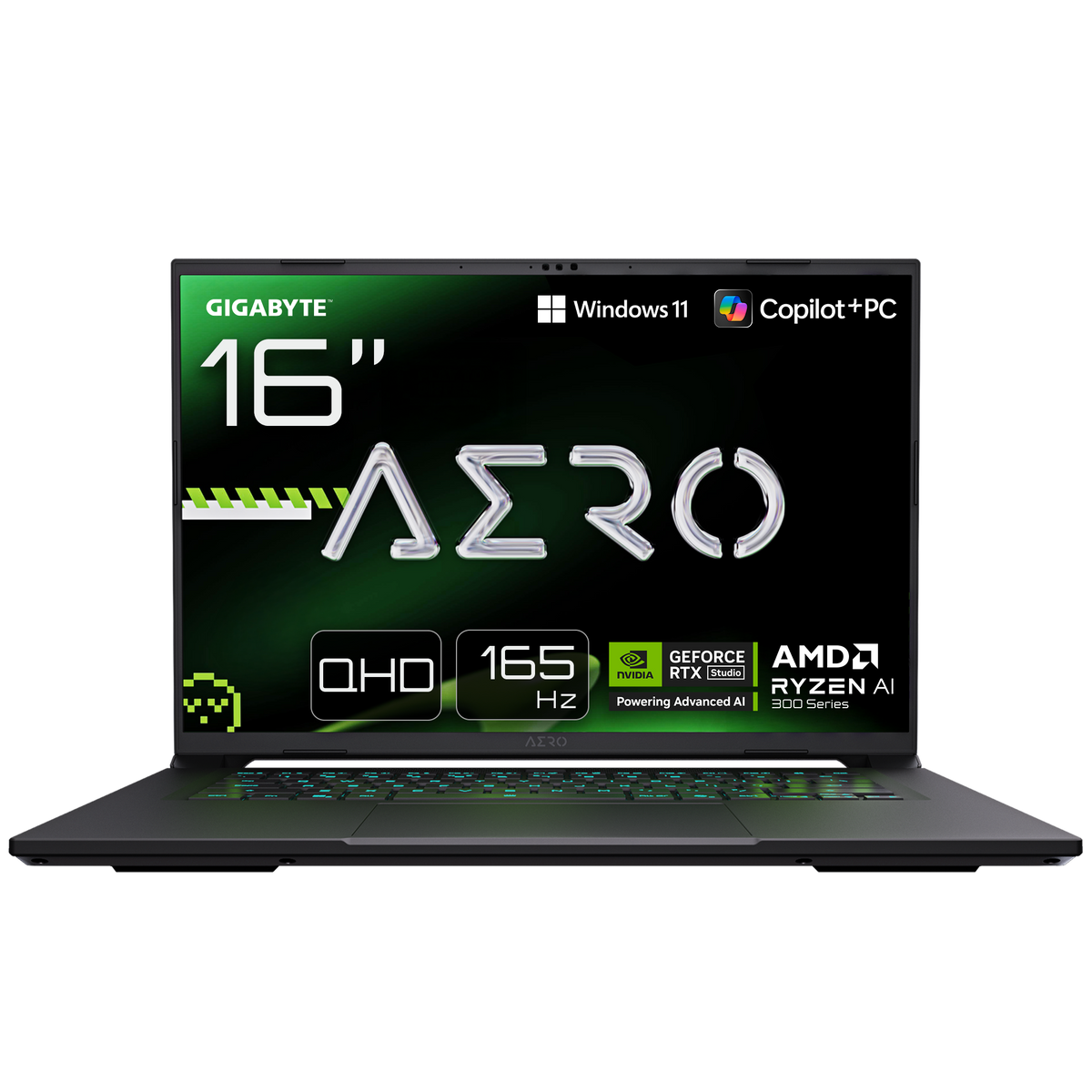 Un portátil negro con teclado iluminado y logo AERO en pantalla.