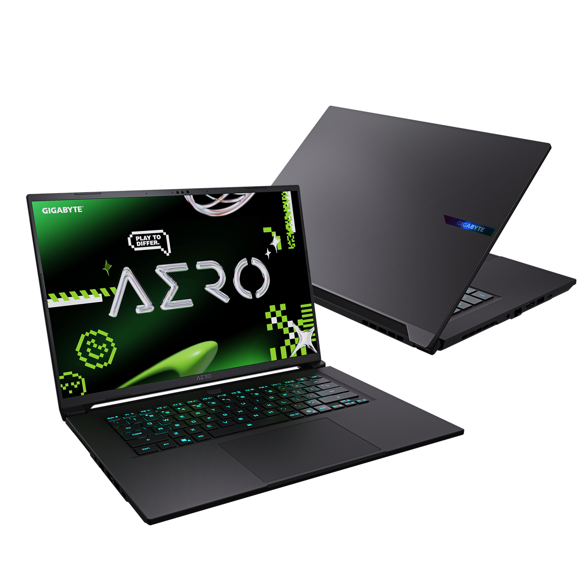 Un portátil Gigabyte Aero negro con teclado iluminado y pantalla verde.