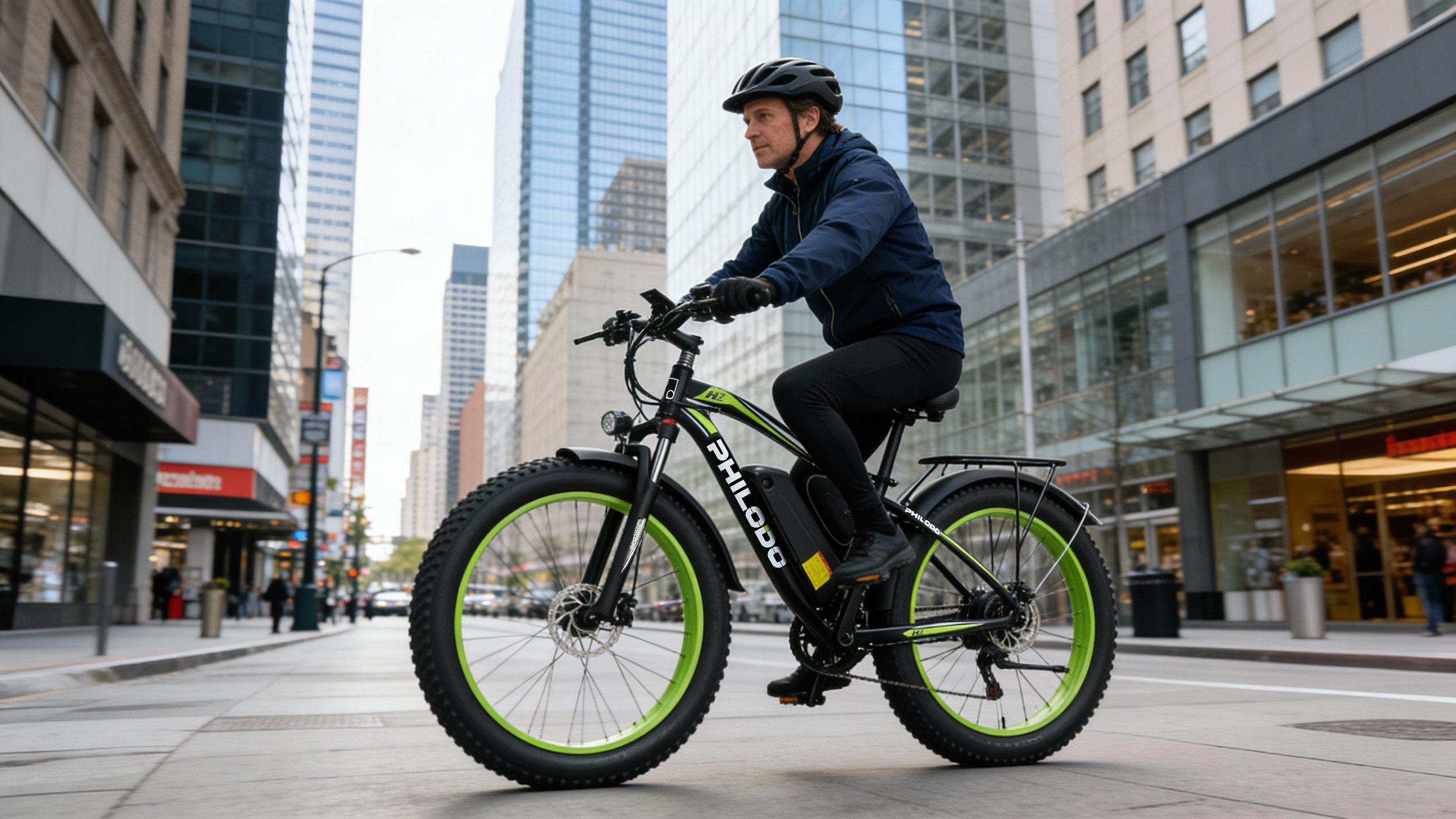 Un uomo guida una e-bike nera con cerchi verdi in una strada cittadina.