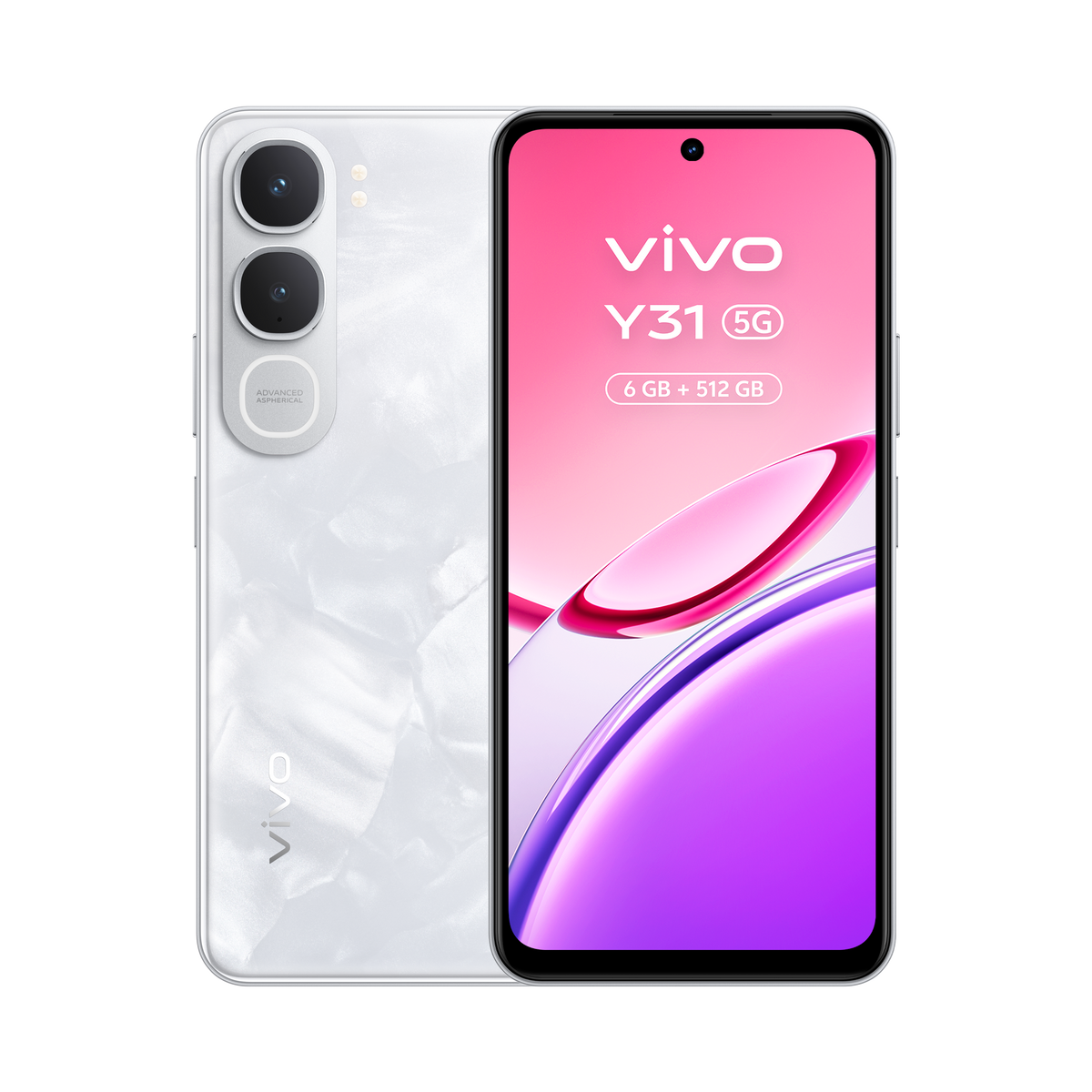 Biały smartfon Vivo Y31 5G z potrójnym aparatem i perłowym wykończeniem.