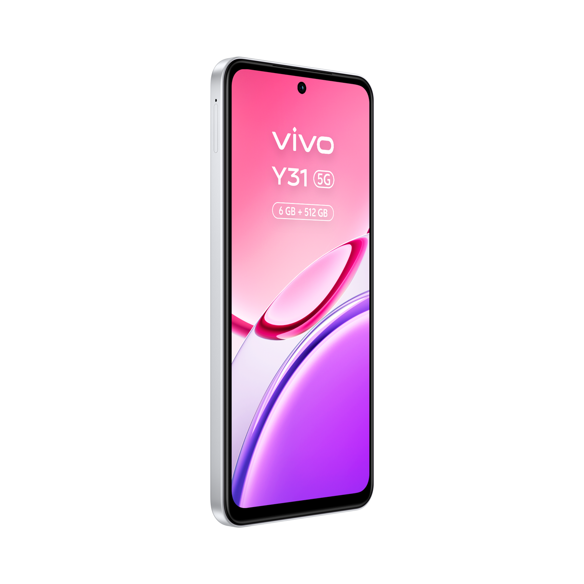 Elegancki biały smartfon Vivo Y31 5G z grafiką w kolorze różowym i fioletowym na ekranie.