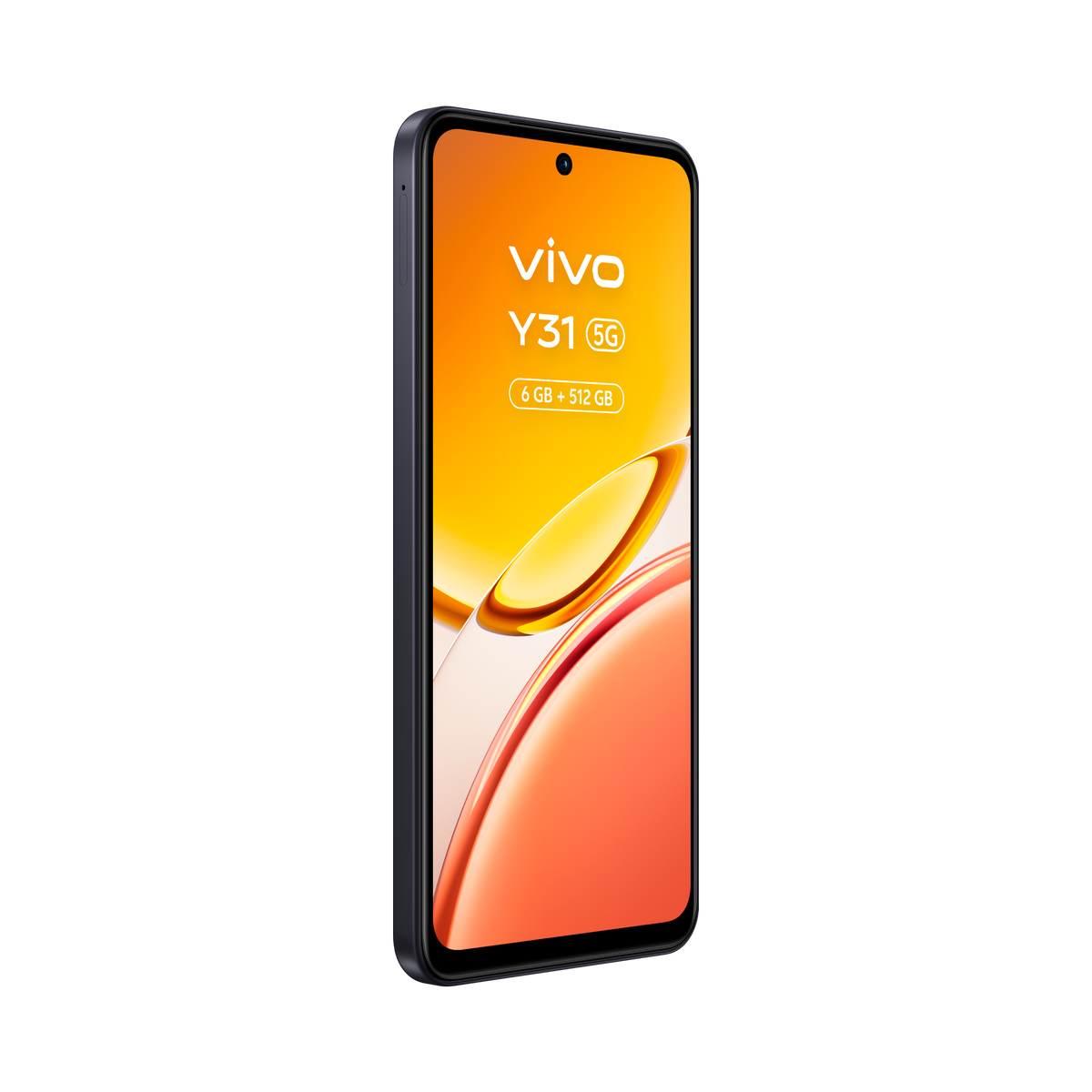 Ciemnoszary smartfon Vivo Y31 5G z żółto-pomarańczowym tłem.