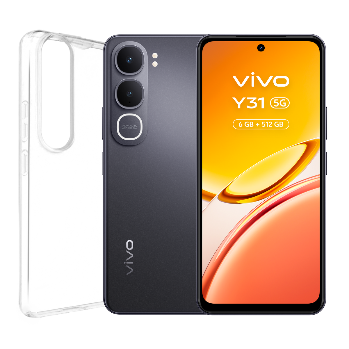 Ciemnoszary smartfon Vivo Y31 5G z przezroczystym etui. Zbliżenie.