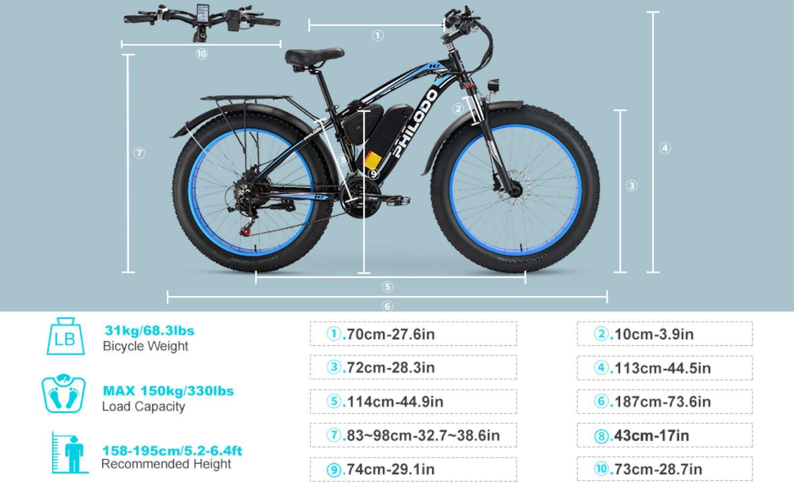 Una fat bike elettrica blu e nera con dimensioni e specifiche.