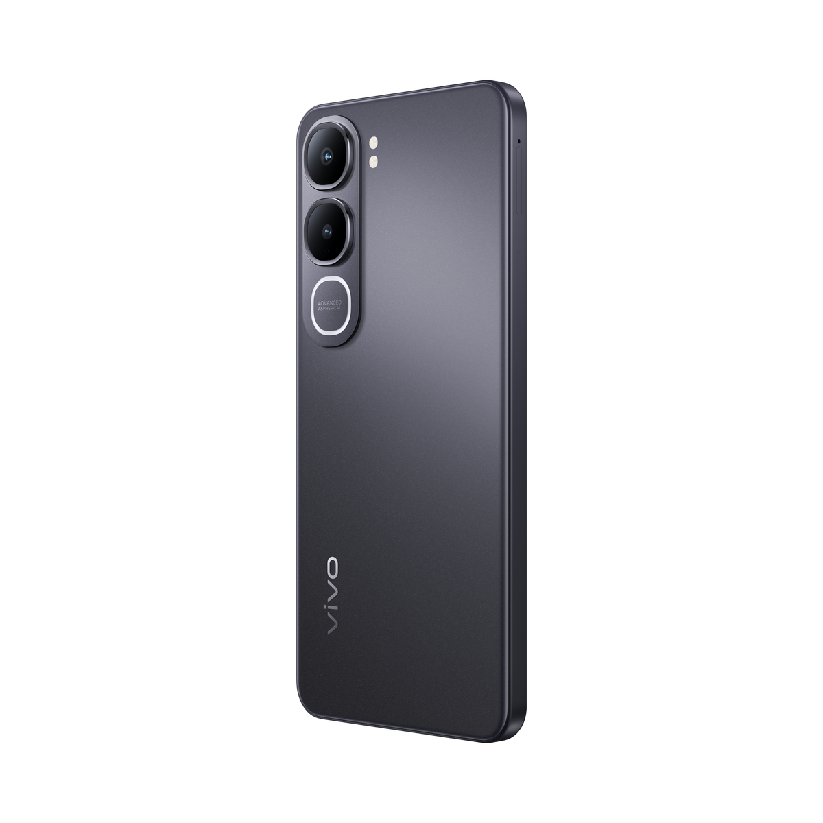 Ciemnoszary smartfon z trzema tylnymi aparatami, na czarnym tle.