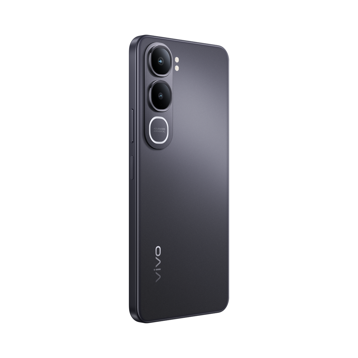 Ciemnoszary smartfon z trzema aparatami, zaokrąglonym designem i logo Vivo.