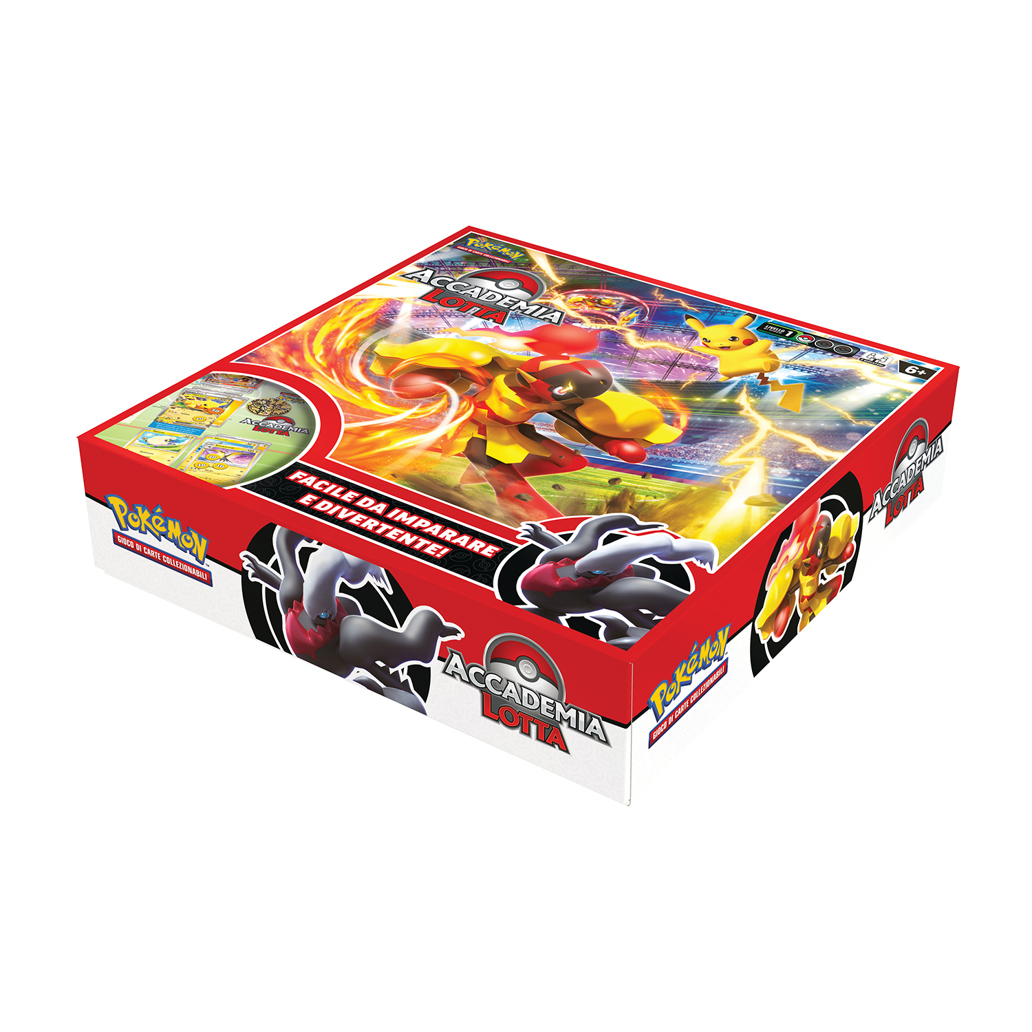 Scatola gioco Pokemon con scene di battaglia, Pikachu e altre creature.