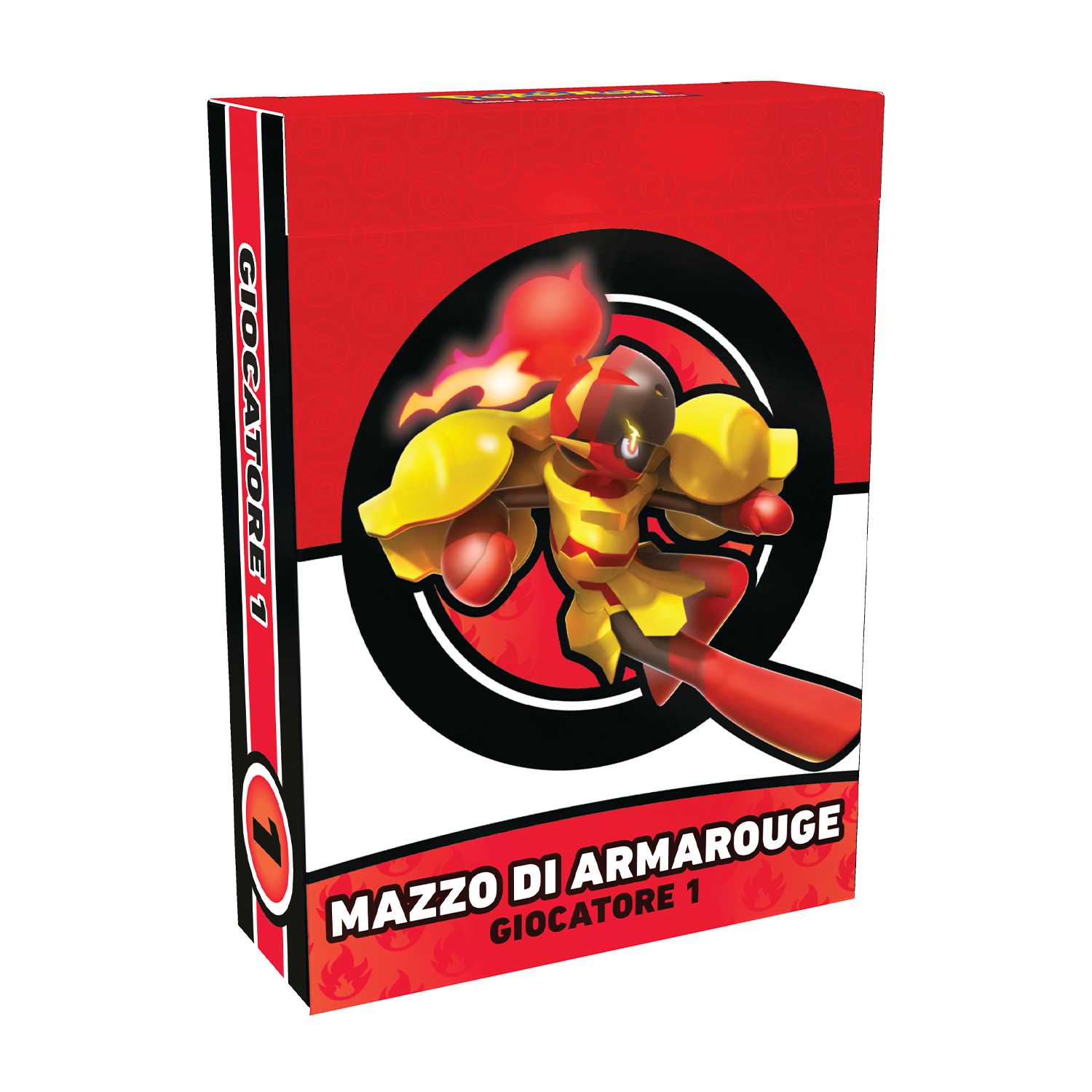 Scatola rossa con robot da combattimento giallo e rosso, testo: "MAZZO DI ARMAROUGE".