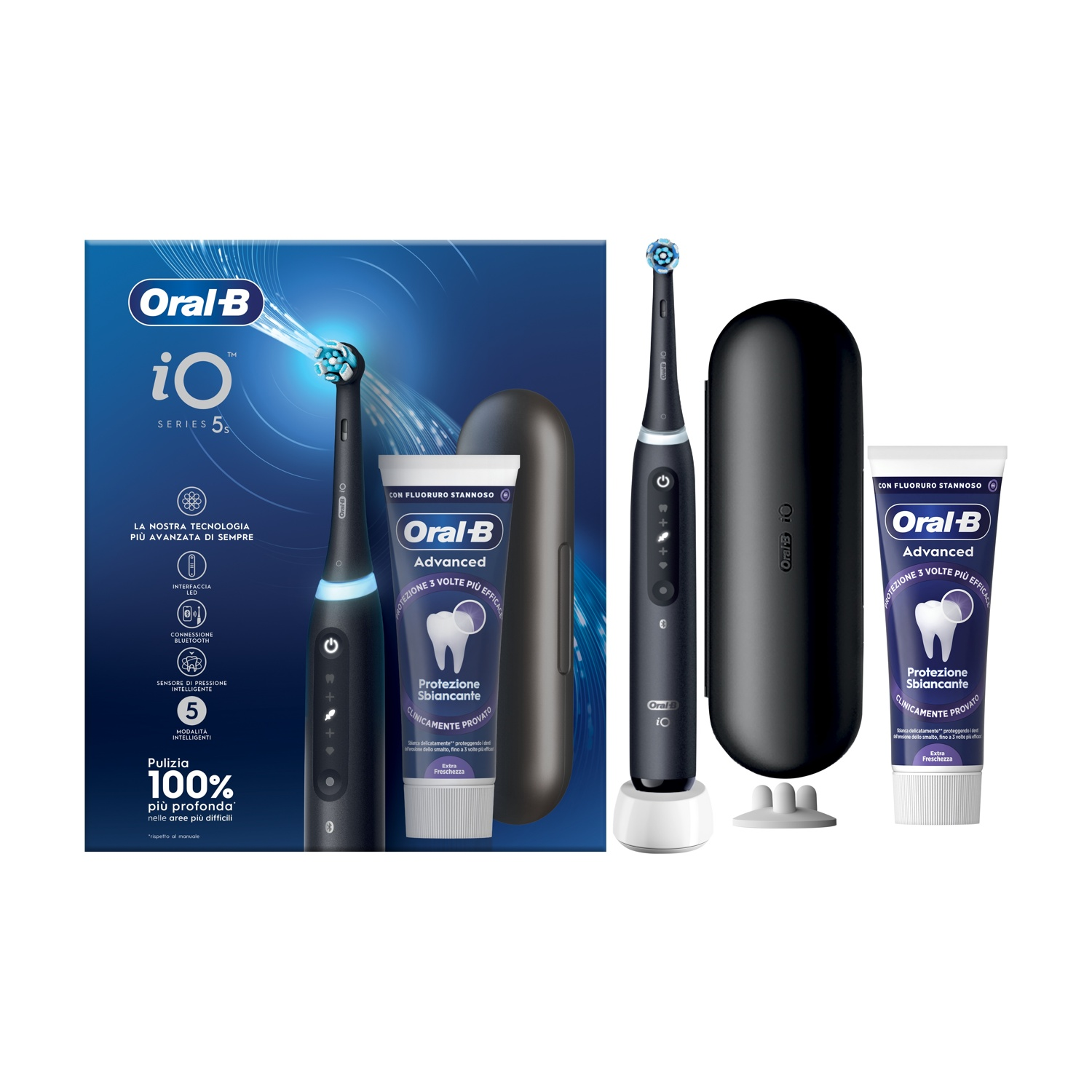 Cepillo de dientes eléctrico Oral-B iO Series 5S con estuche de carga y pasta.