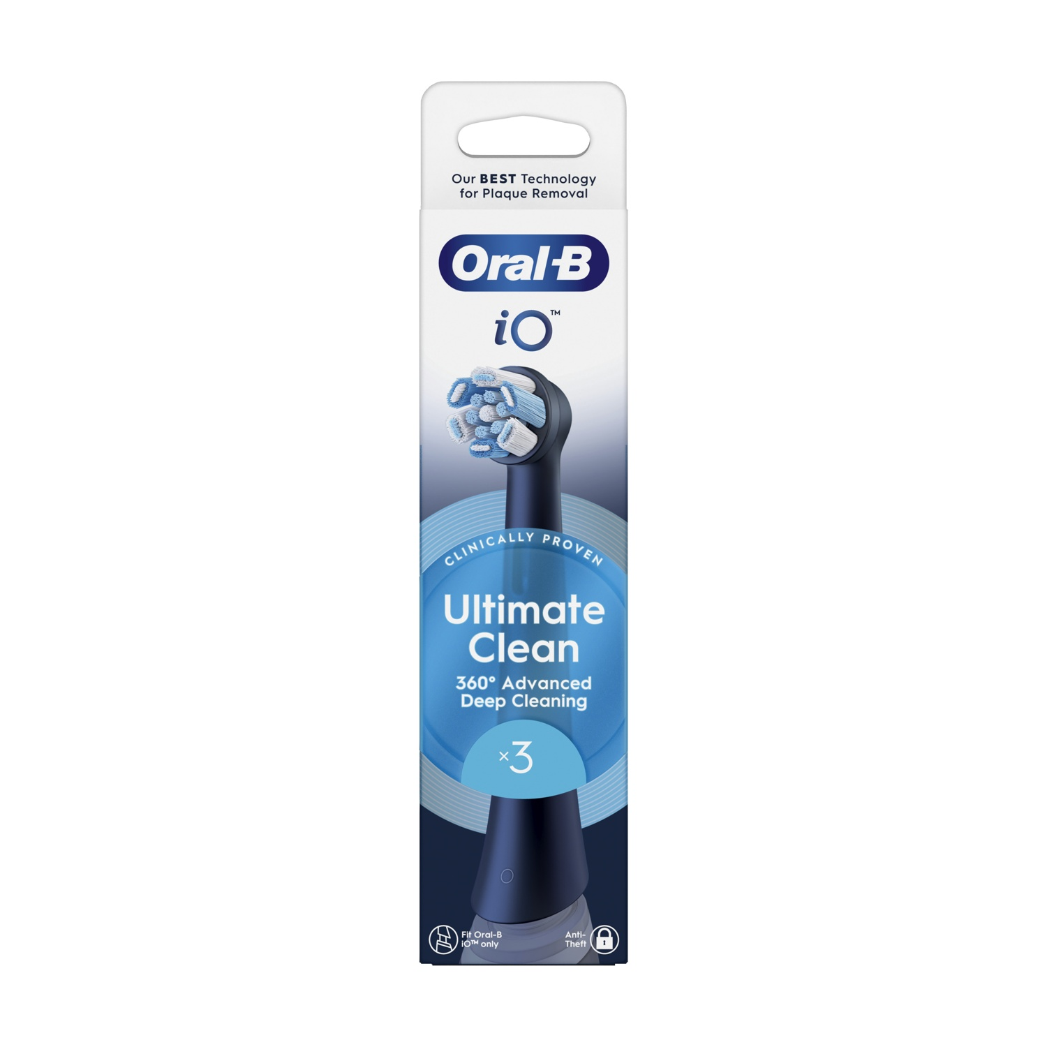 Verpackung für Oral-B iO Ultimate Clean Aufsteckbürsten, 3 Stück.