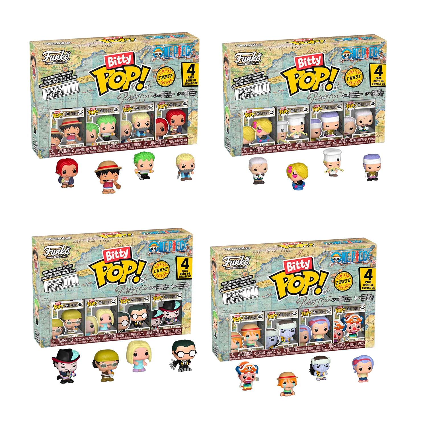 Quattro scatole da collezione Funko Bitty Pop! One Piece, ognuna con 4 figure e accessori.