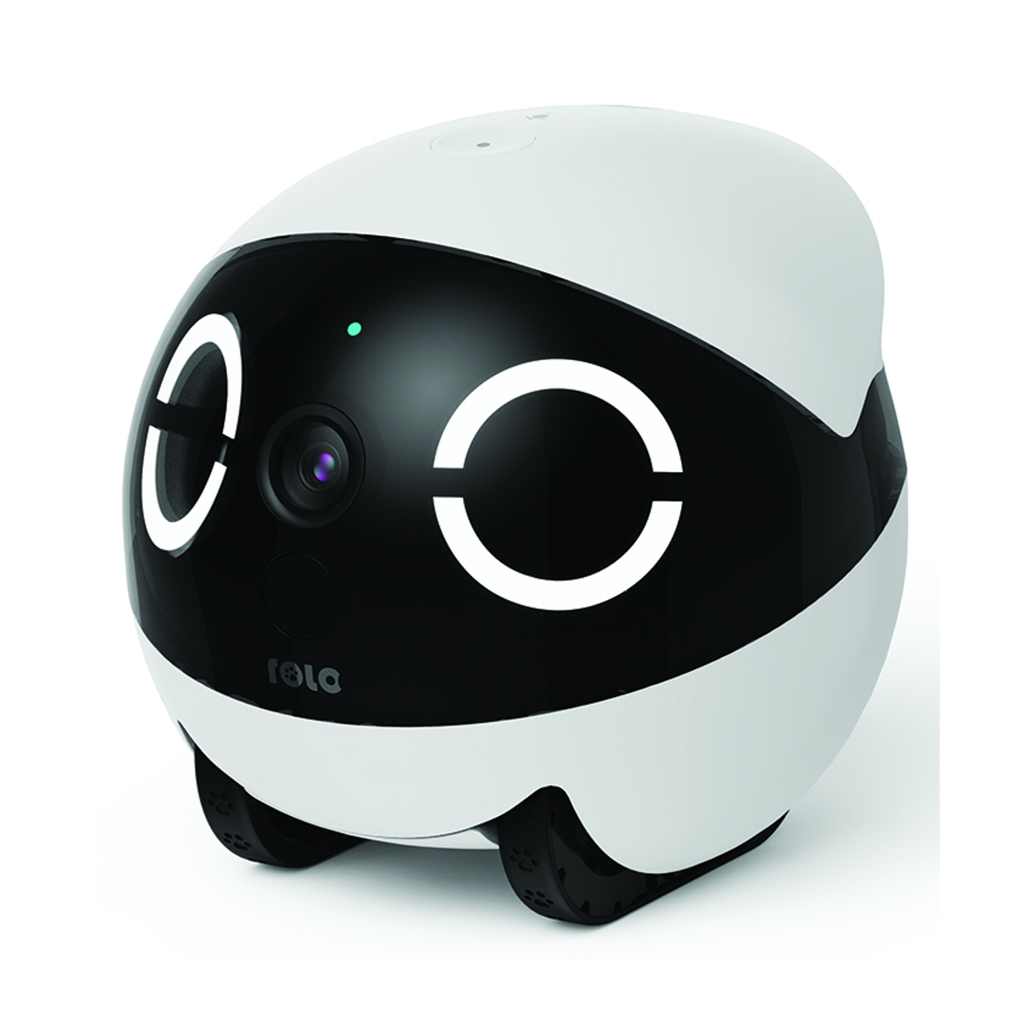 Un robot bianco e nero con ruote e una faccia da telecamera.