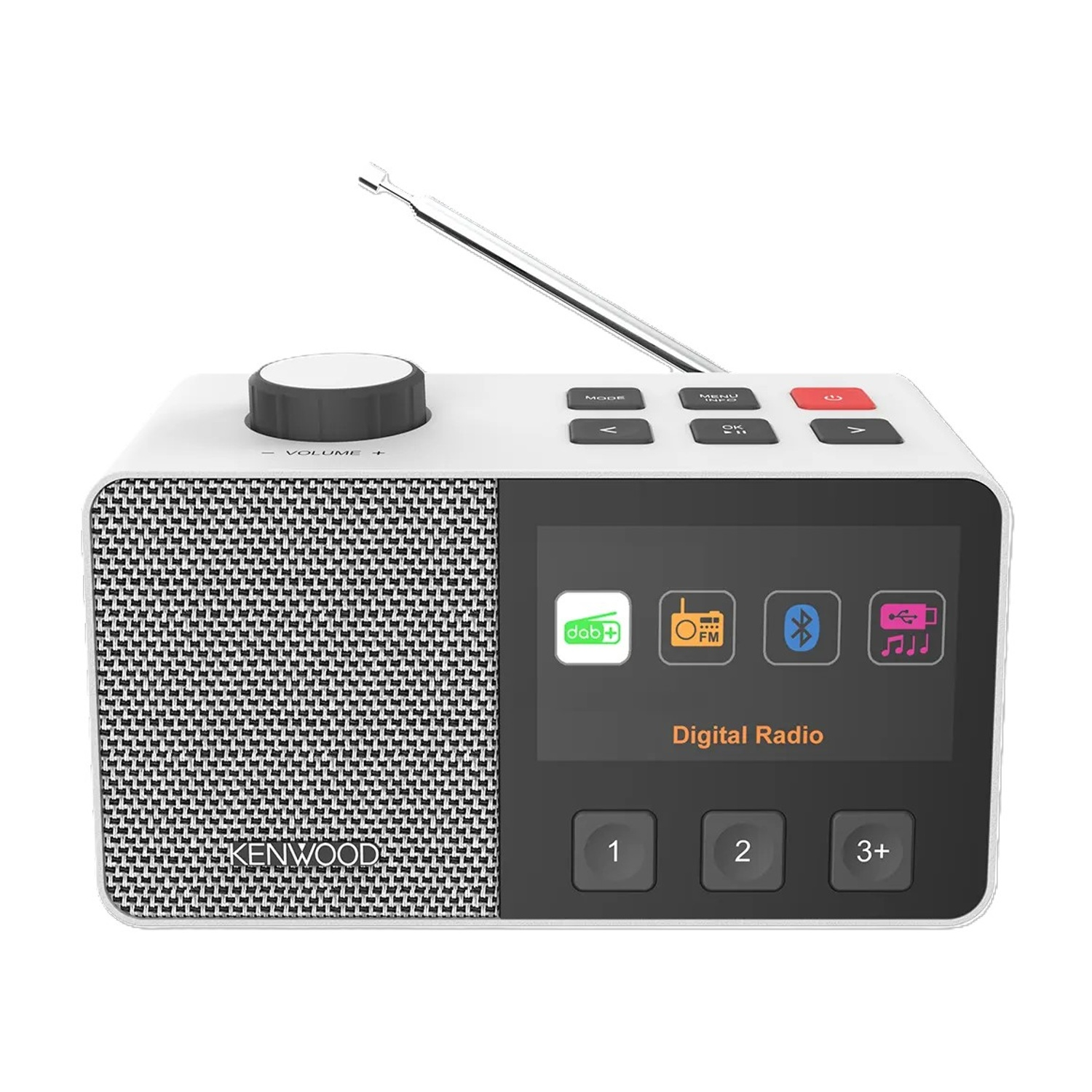 Ein weißes Digitalradio mit silberner Antenne, Drehknopf und Display.