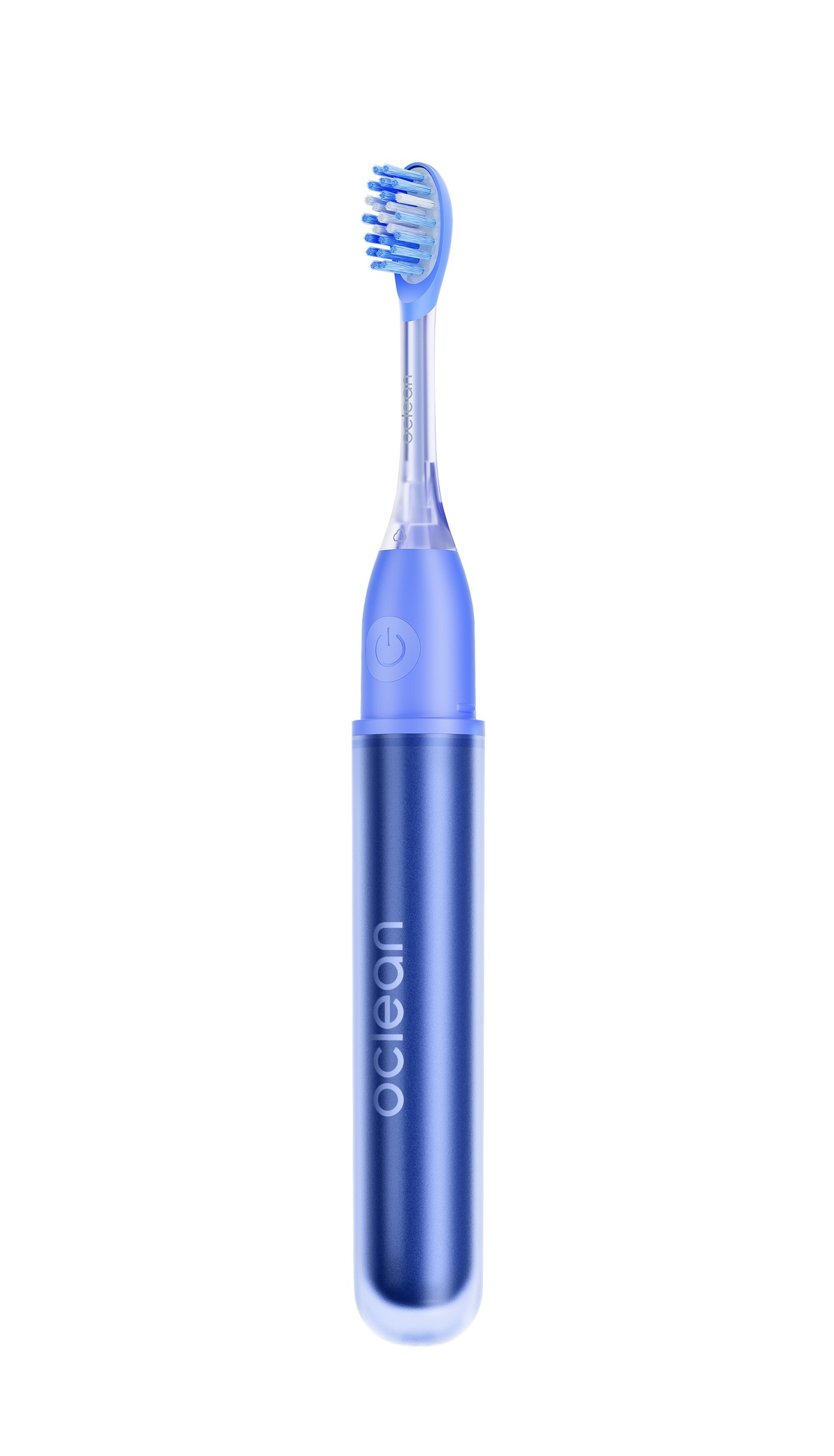 Uno spazzolino elettrico blu con setole bianco-blu e un pulsante di accensione.