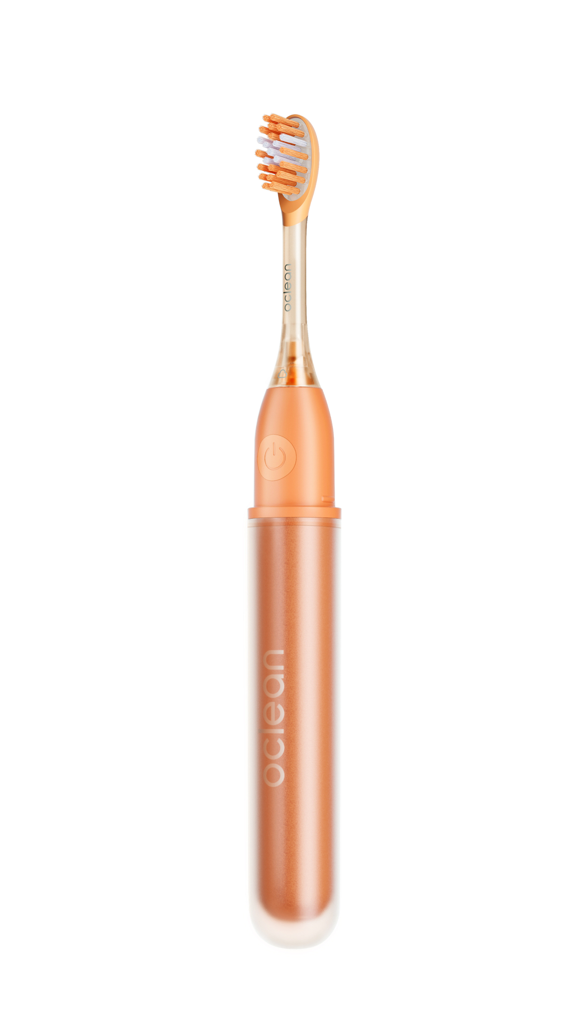 Eine orangefarbene elektrische Zahnbürste mit weiß-orangen Borsten, auf weißem Hintergrund.