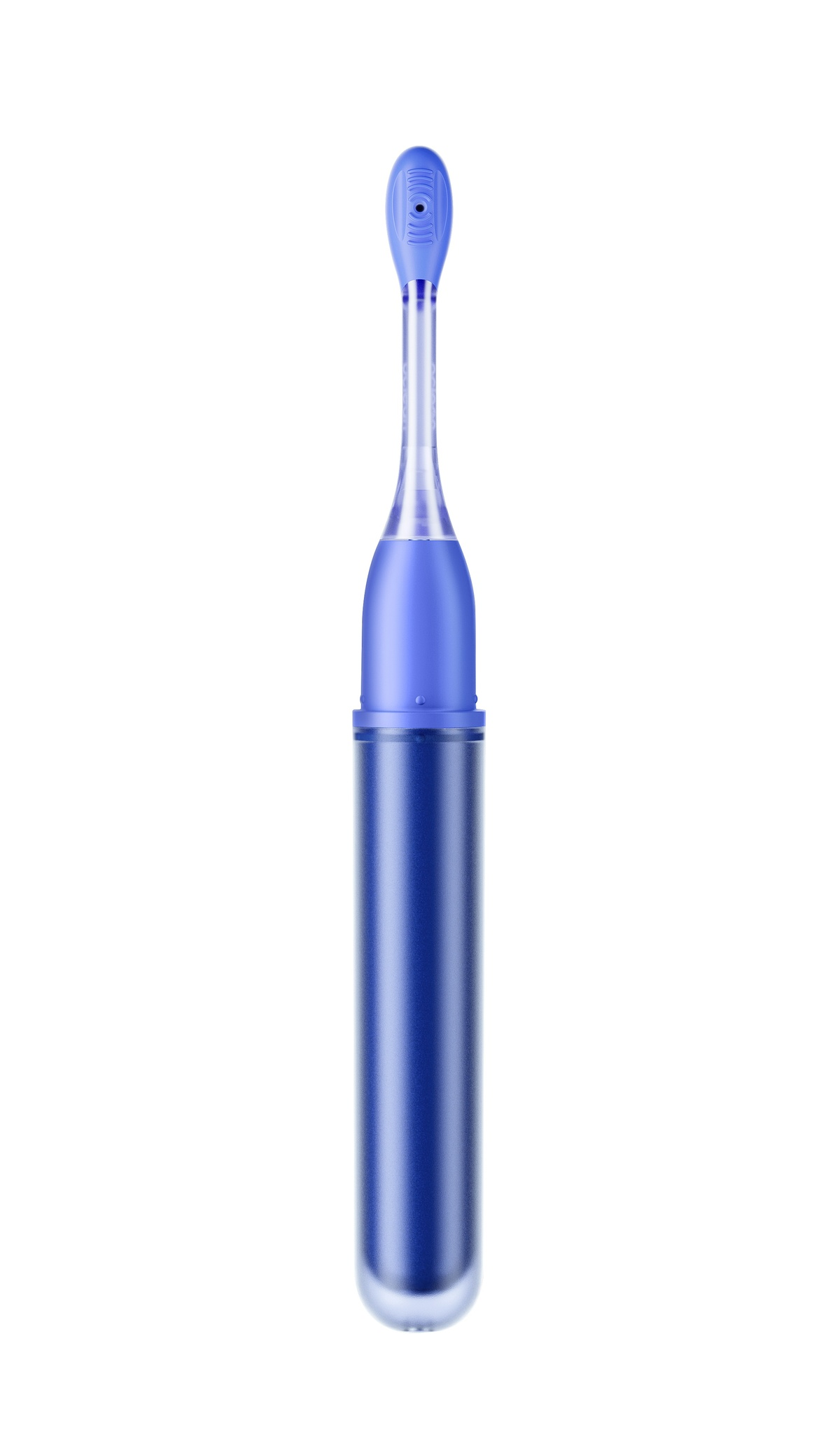 Un modello di spazzolino elettrico blu con manico trasparente.