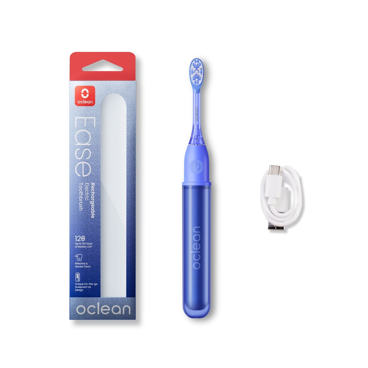 Spazzolino elettrico blu con confezione e cavo USB.