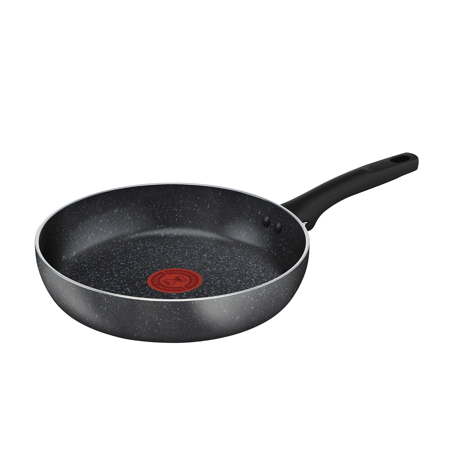 Sartén gris con mango negro y símbolo rojo Thermo-Spot.