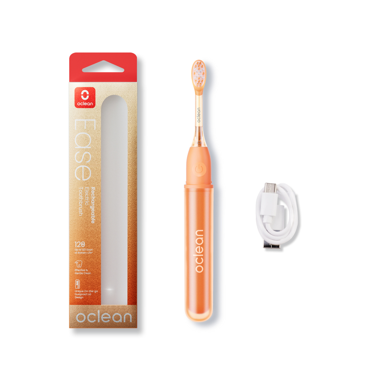 Orange Oclean elektrische Zahnbürste mit Verpackung und Ladekabel.
