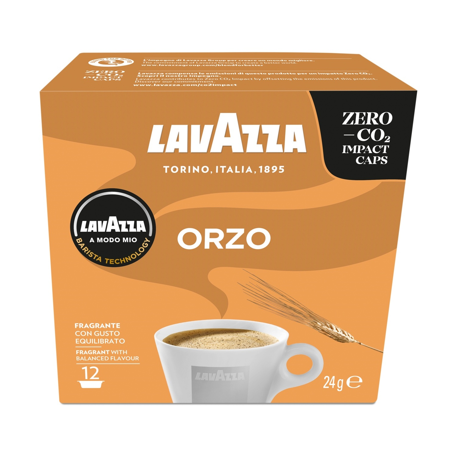 Capsule caffè Lavazza Orzo: Confezione marrone con tazza caffè, spiga di grano e testo.