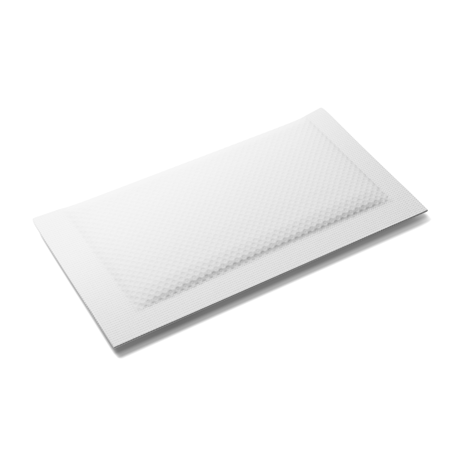 Biała, prostokątna podkładka z wytłaczaną powierzchnią, na białym tle.
