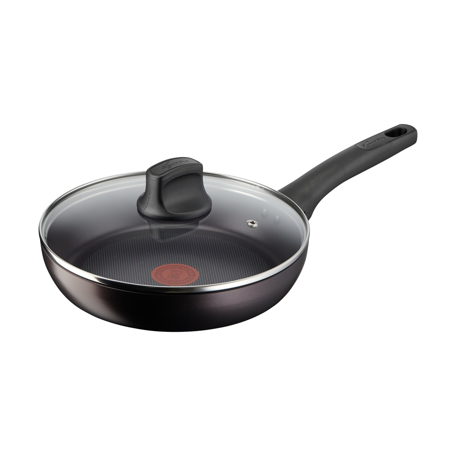 Sartén gris oscuro con tapa de cristal y mango negro.