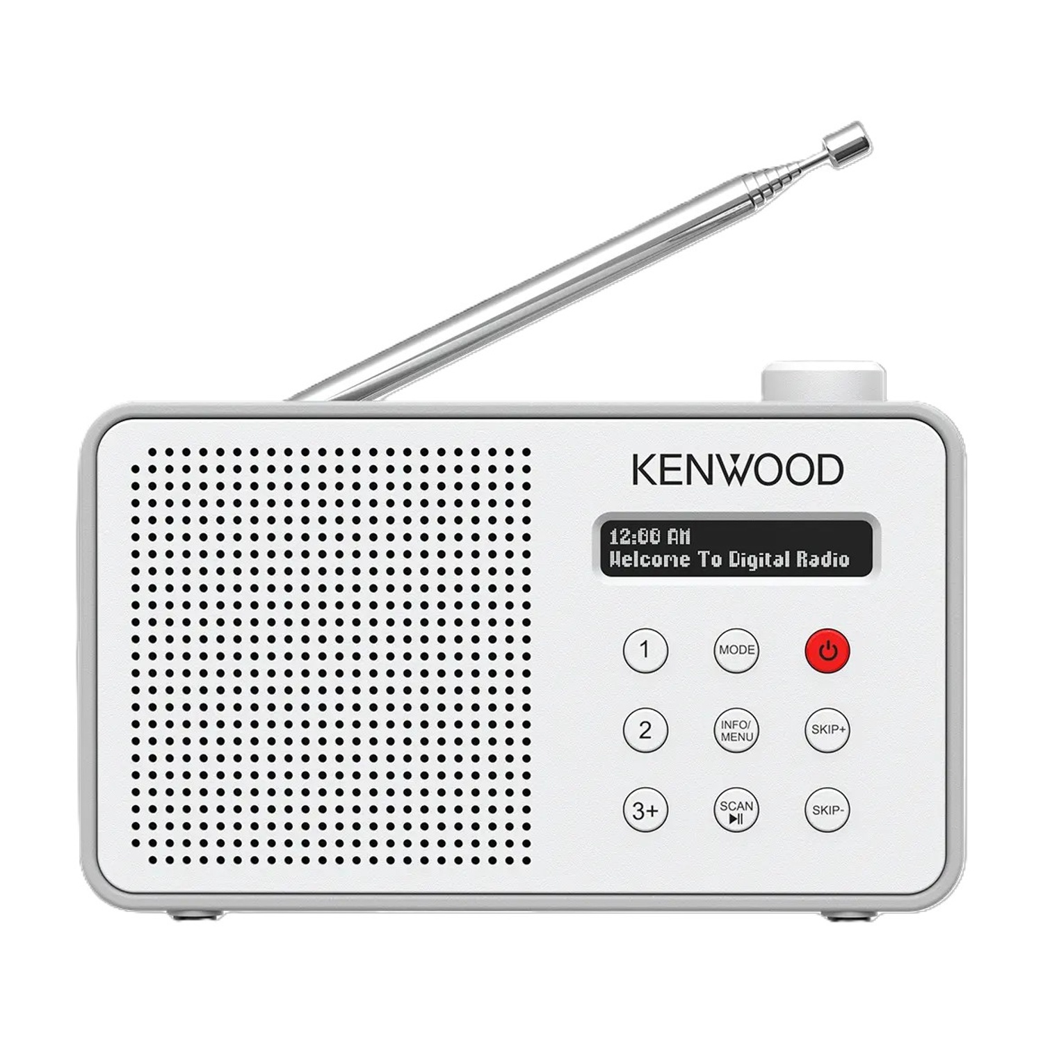 Ein weißes Kenwood Digitalradio mit ausgefahrenem Antennenstab und LCD-Display.