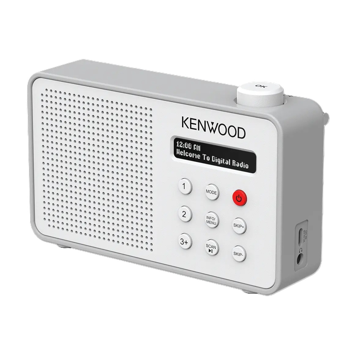 Grauer Kenwood Digitalradio mit Lautsprecher, Display und Bedienelementen.