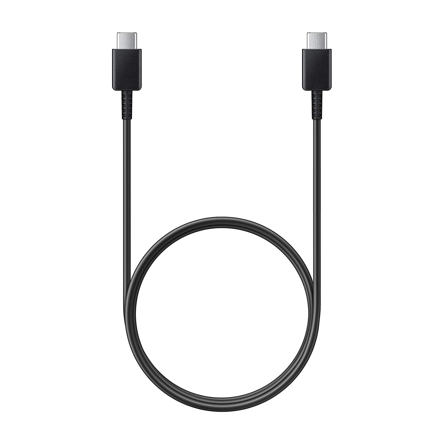Ein schwarzes USB-C-Kabel mit zwei Anschlüssen auf weißem Hintergrund.