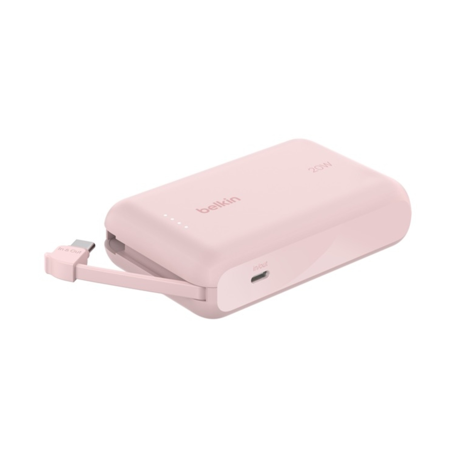 Ein rosafarbener Belkin Powerbank mit 20W und einem integrierten Kabel.