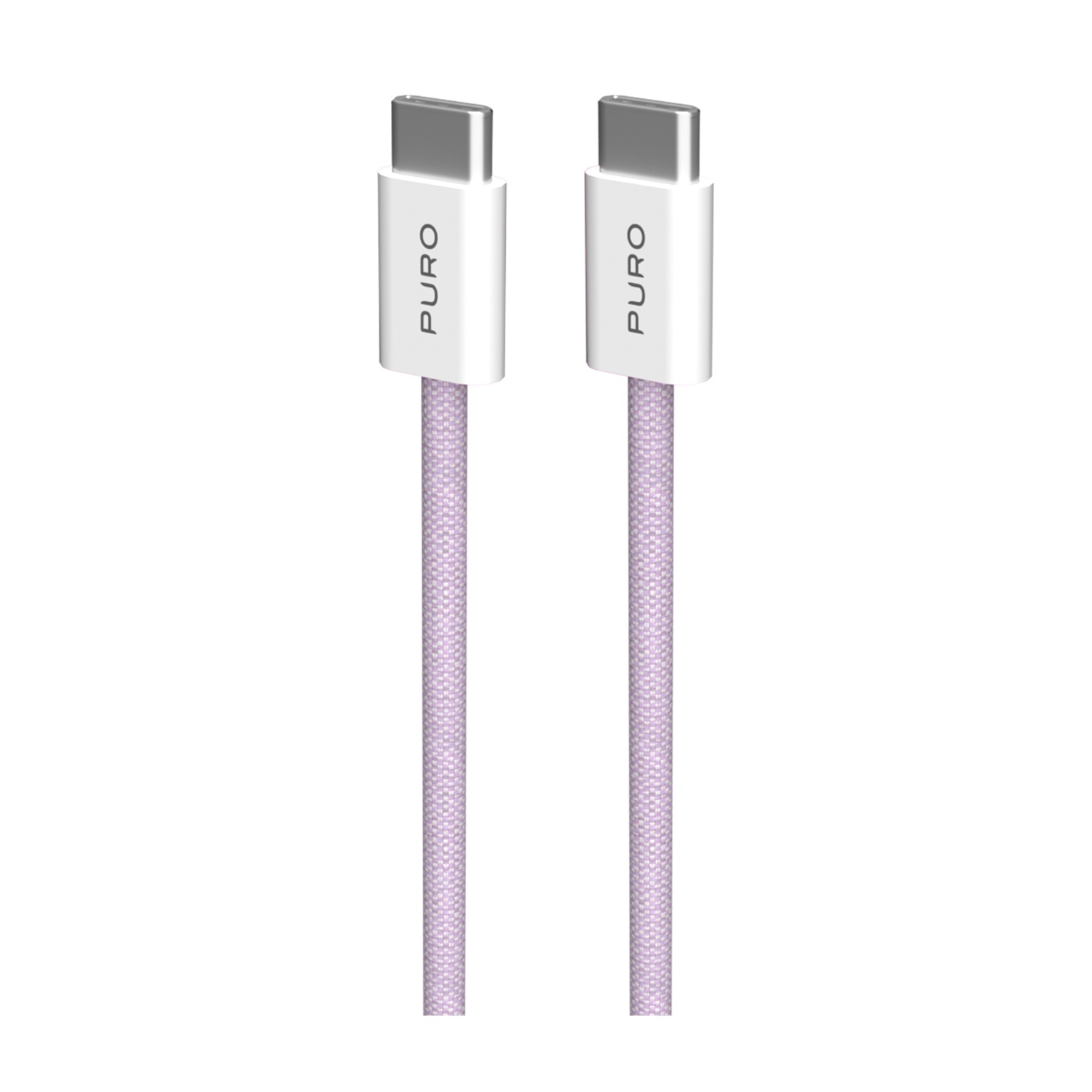 Zwei weiße USB-C-Kabel mit lavendelfarbenen, geflochtenen Schnüren.