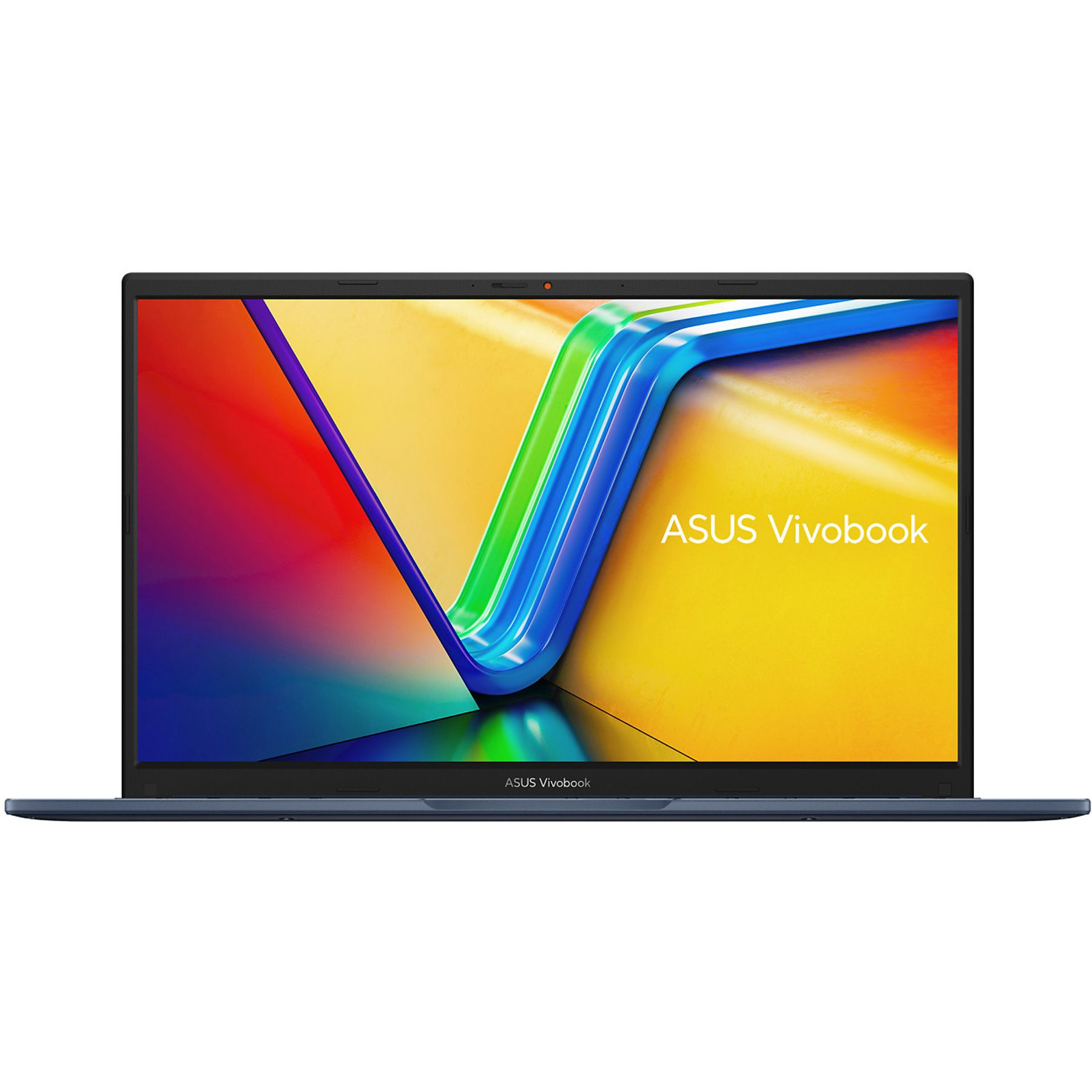 Un laptop ASUS Vivobook blu con uno sfondo colorato sullo schermo.