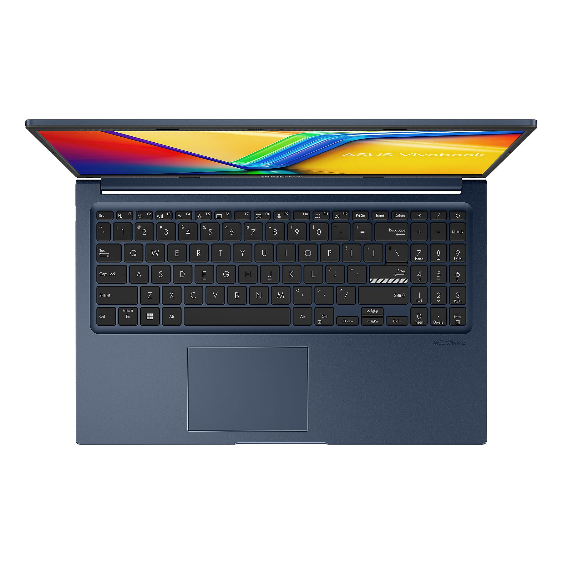Un laptop ASUS Vivobook blu visto dall'alto, con tastiera e touchpad visibili.