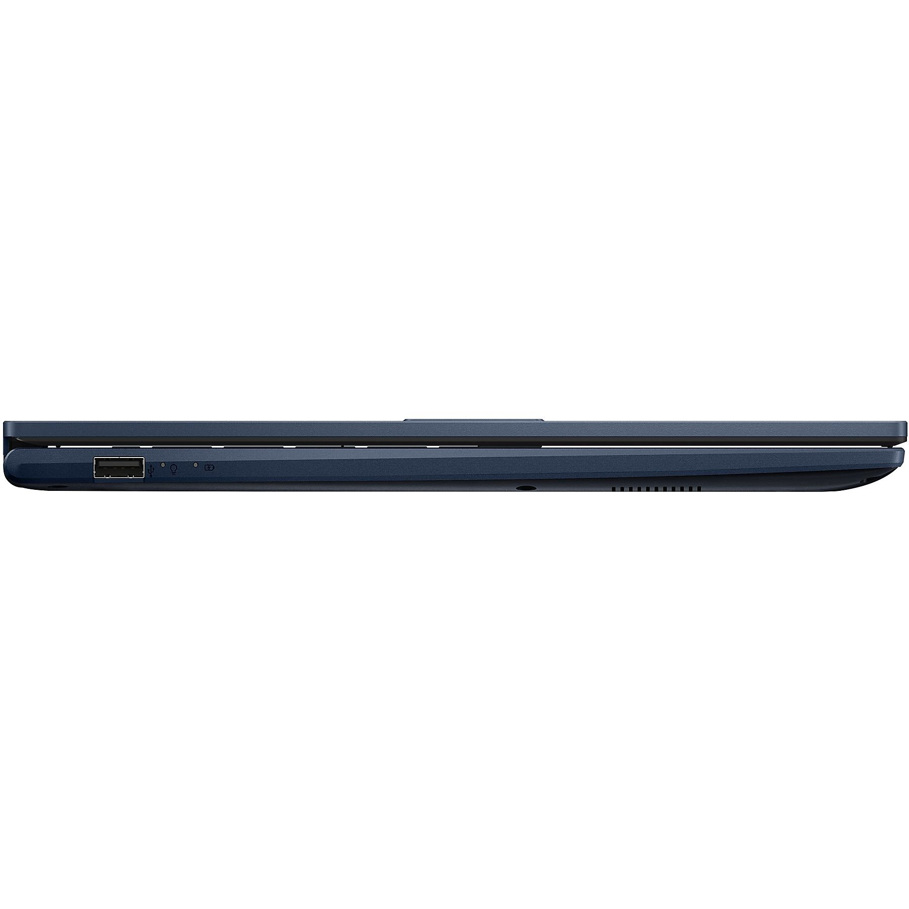 Lato di un laptop blu scuro con porta USB e prese d'aria.