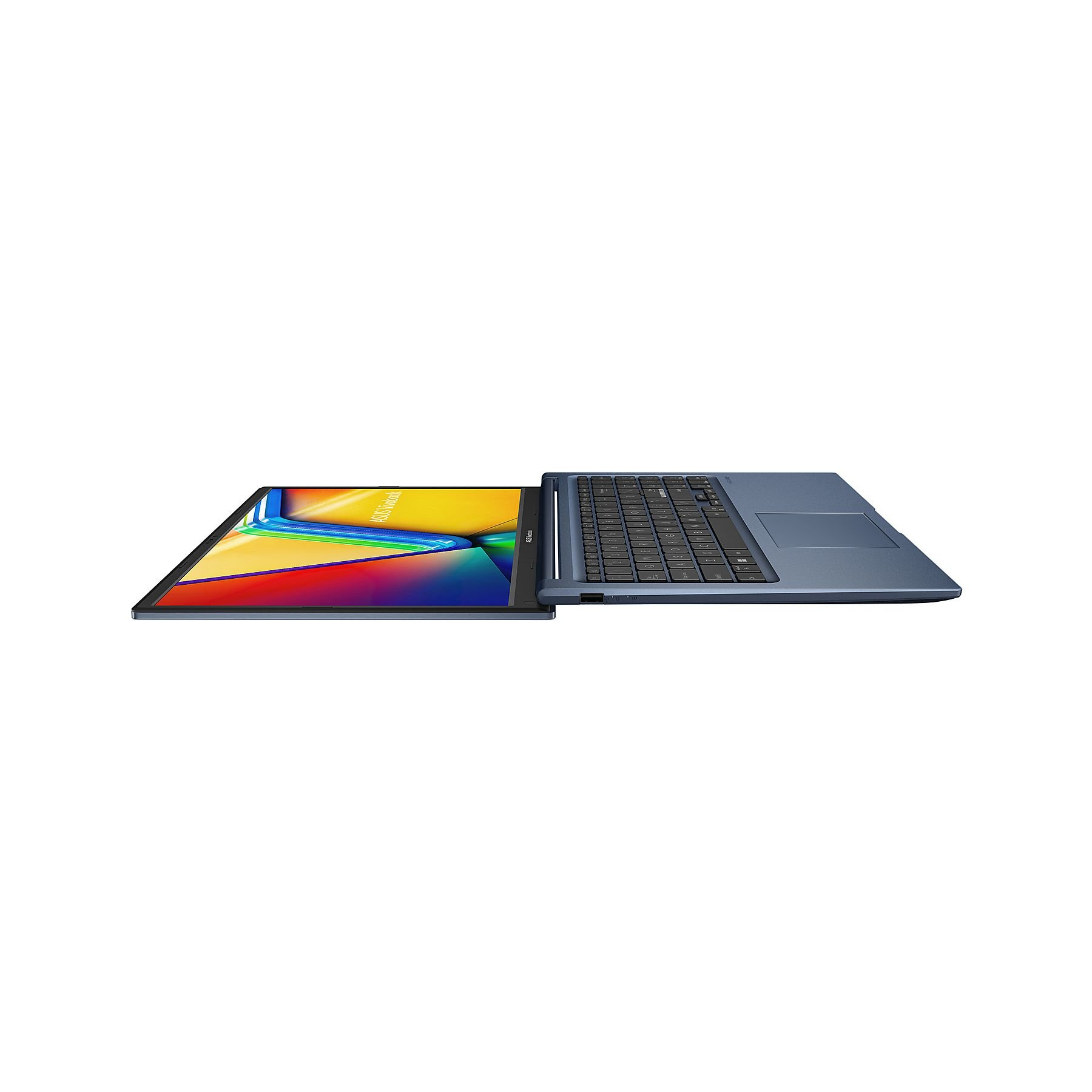 Un laptop blu con lo schermo aperto, che mostra un motivo colorato.