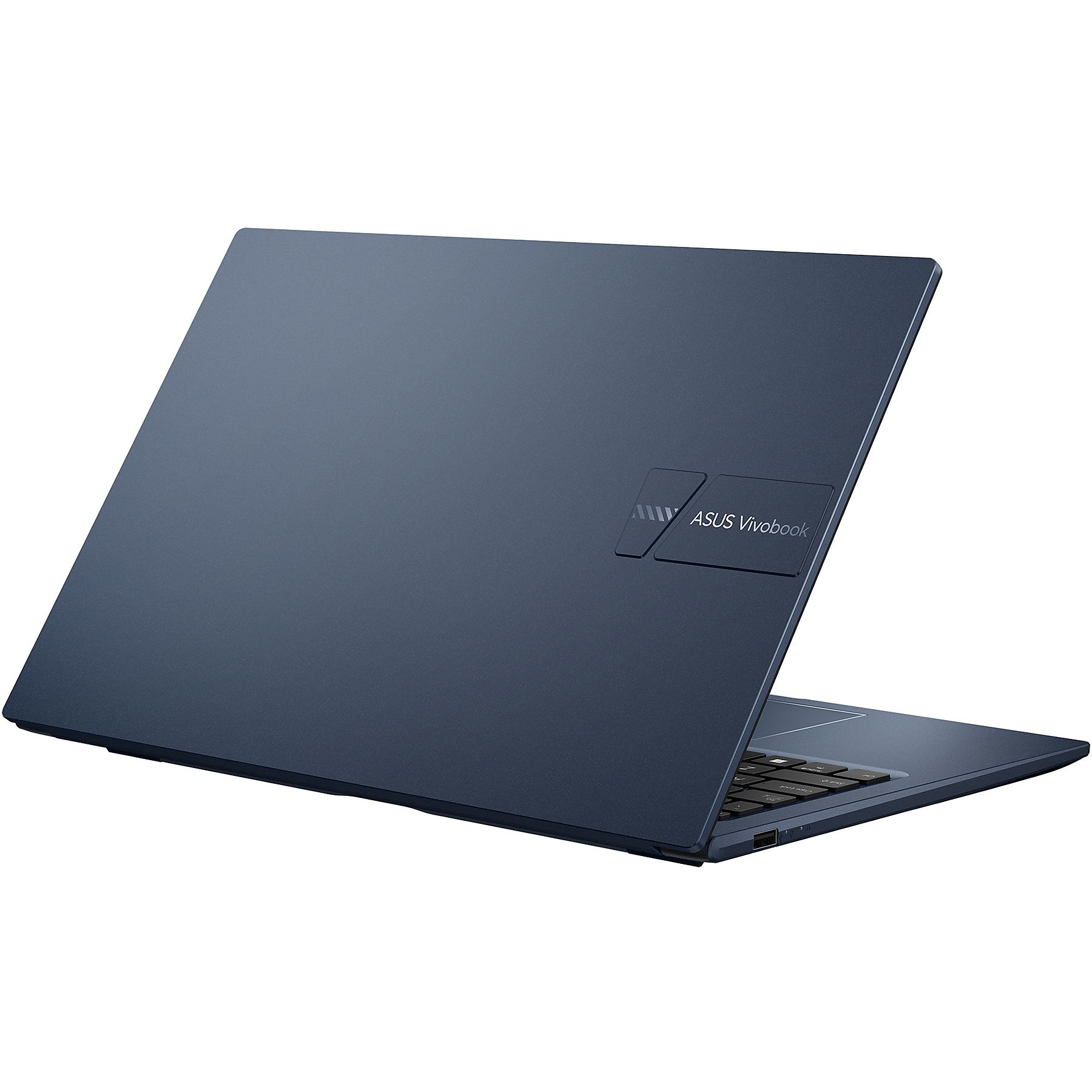 Un laptop ASUS Vivobook blu scuro con lo schermo aperto, che rivela la tastiera.