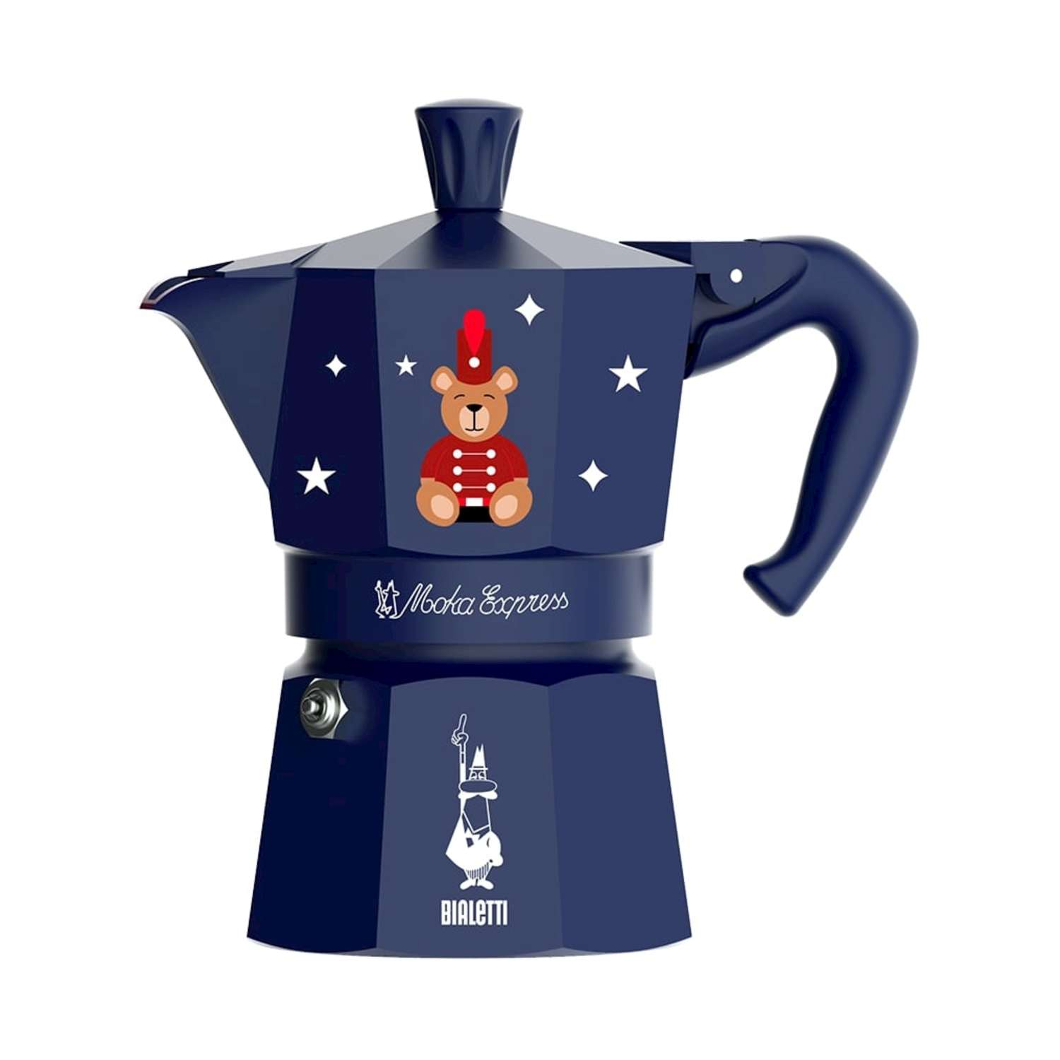 Moka blu scuro con orsetto, stelle e logo Bialetti.