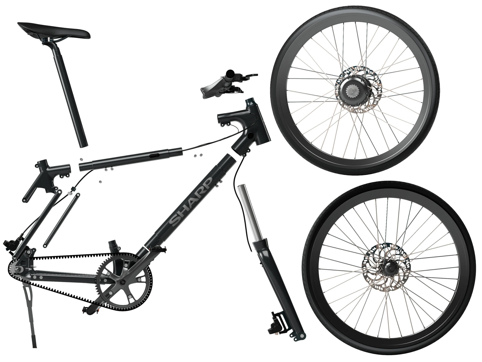 Zerlegtes schwarzes Fahrrad mit Rahmen, Rädern, Gabel und Sattel.