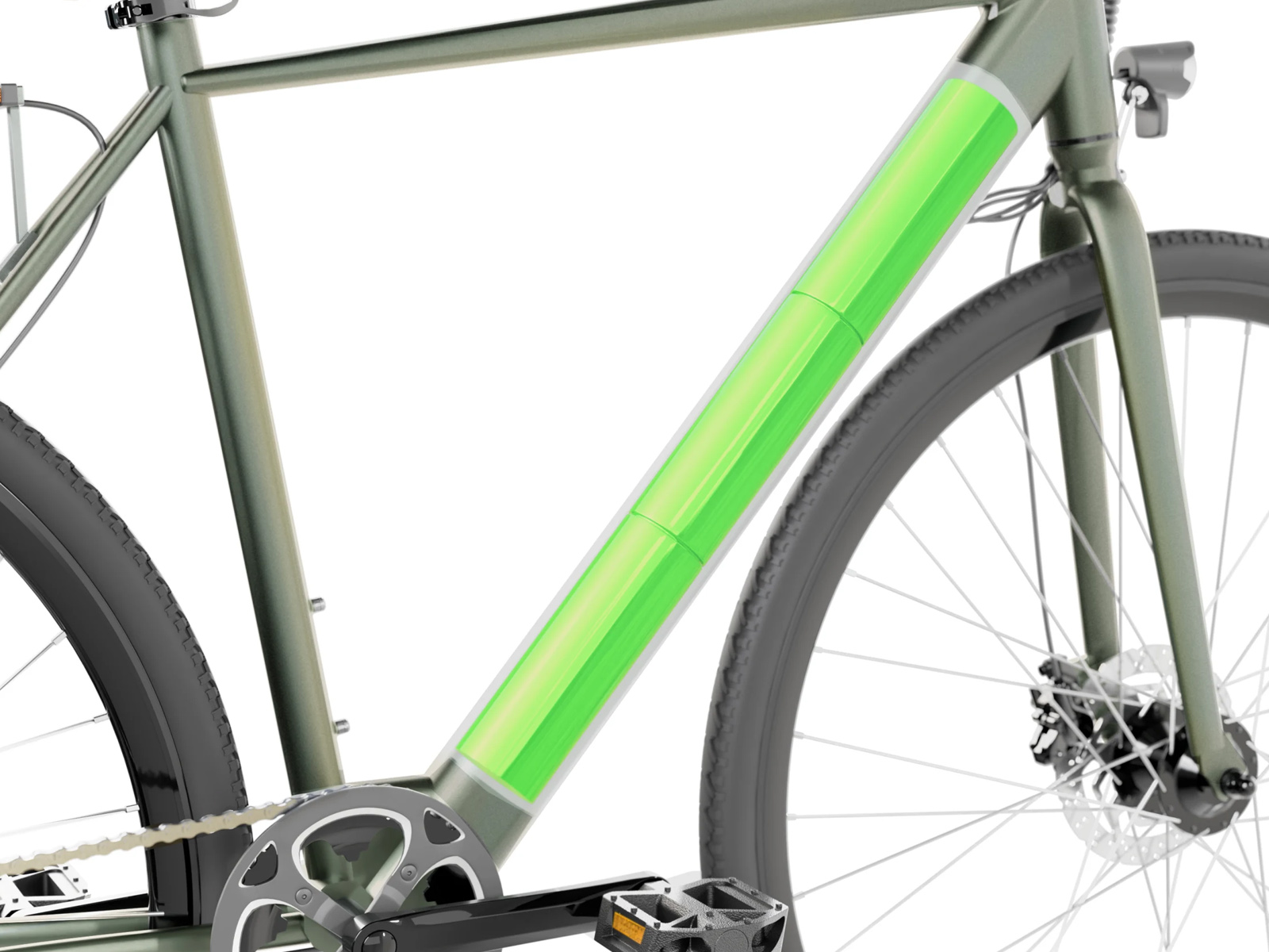 Nahaufnahme eines E-Bikes mit grünem Akku im Rahmen und Scheibenbremsen.