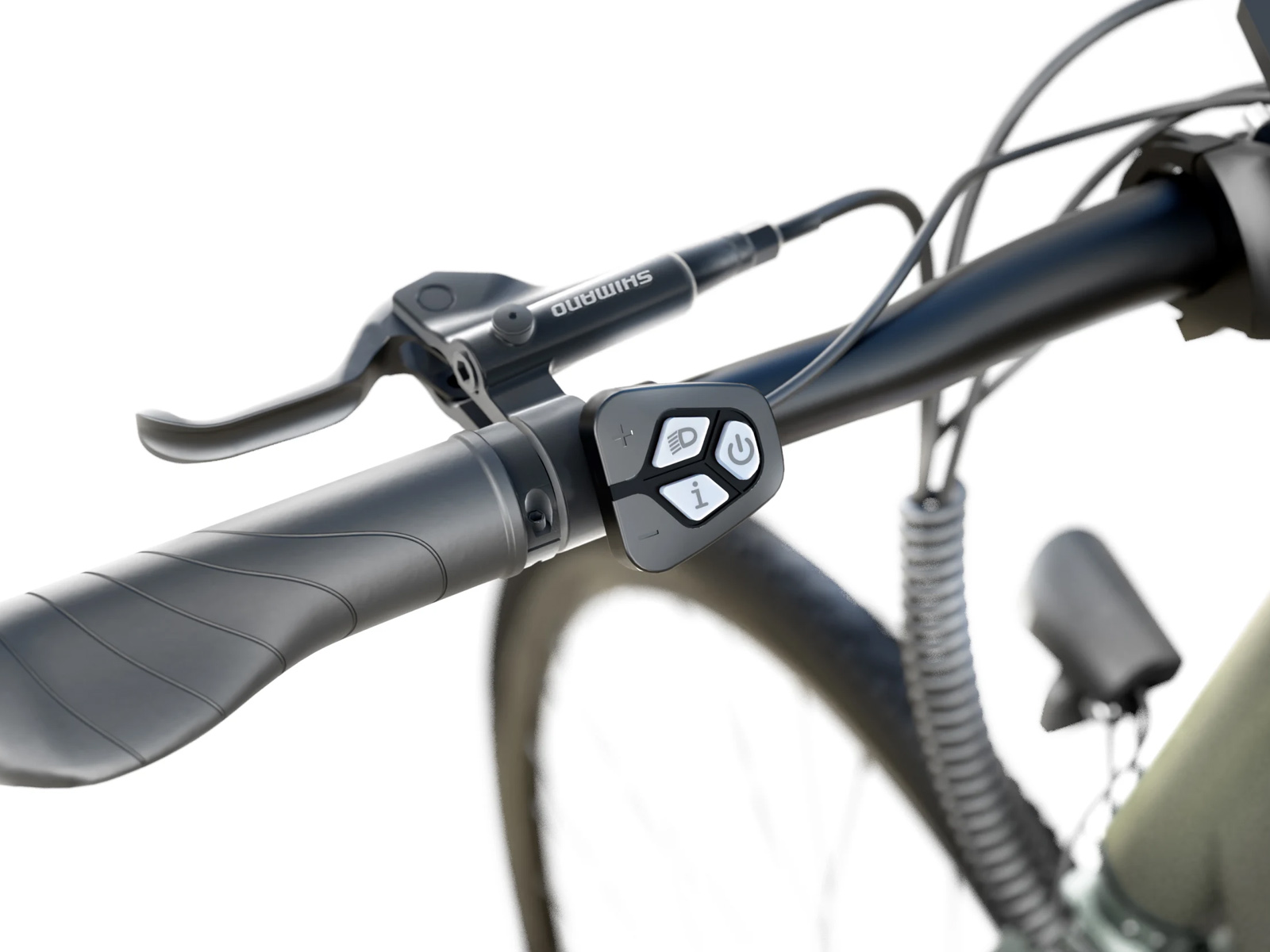 Nahaufnahme des Lenkers eines E-Bikes mit Bedienelementen und Bremshebel.