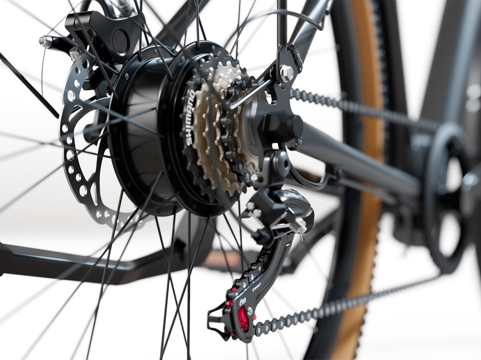 Zbliżenie tylnej przerzutki roweru, kasety, łańcucha i hamulca tarczowego.