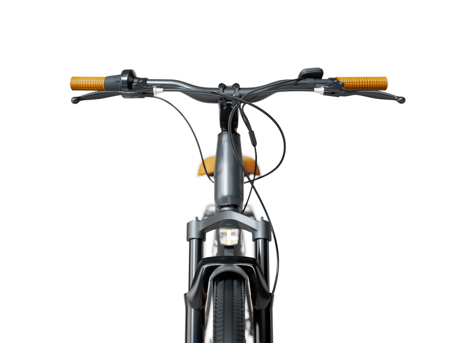 Widok z przodu szarego roweru z żółtymi uchwytami i reflektorem.