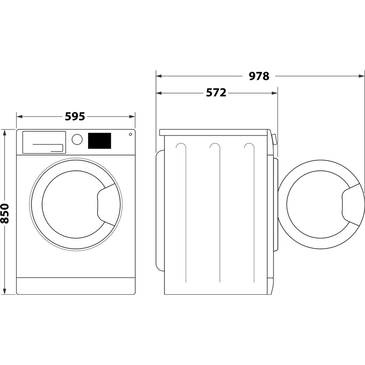 Technische Zeichnung einer Waschmaschine mit Maßen 850x595x572 mm.