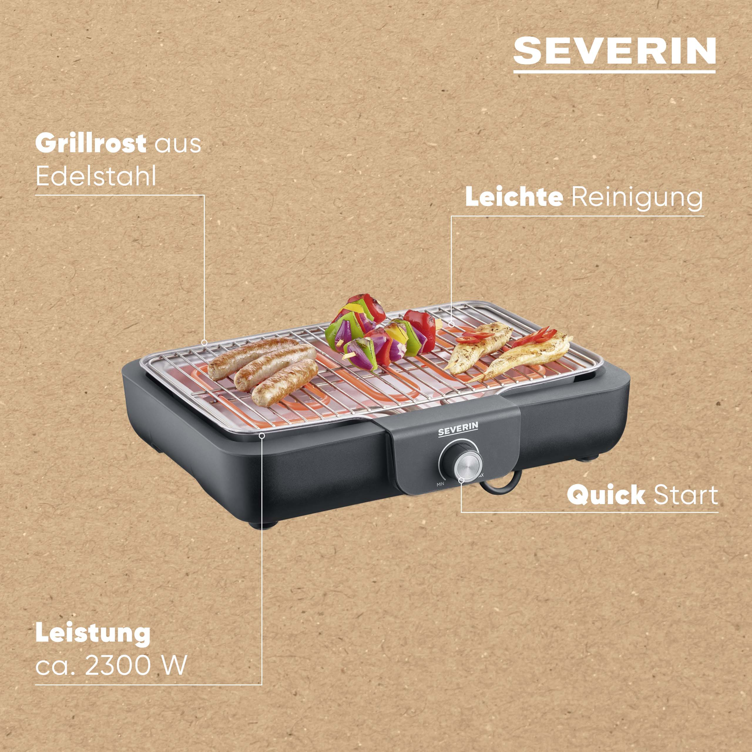 Een elektrische grill met worstjes, groente- en kipsatés.