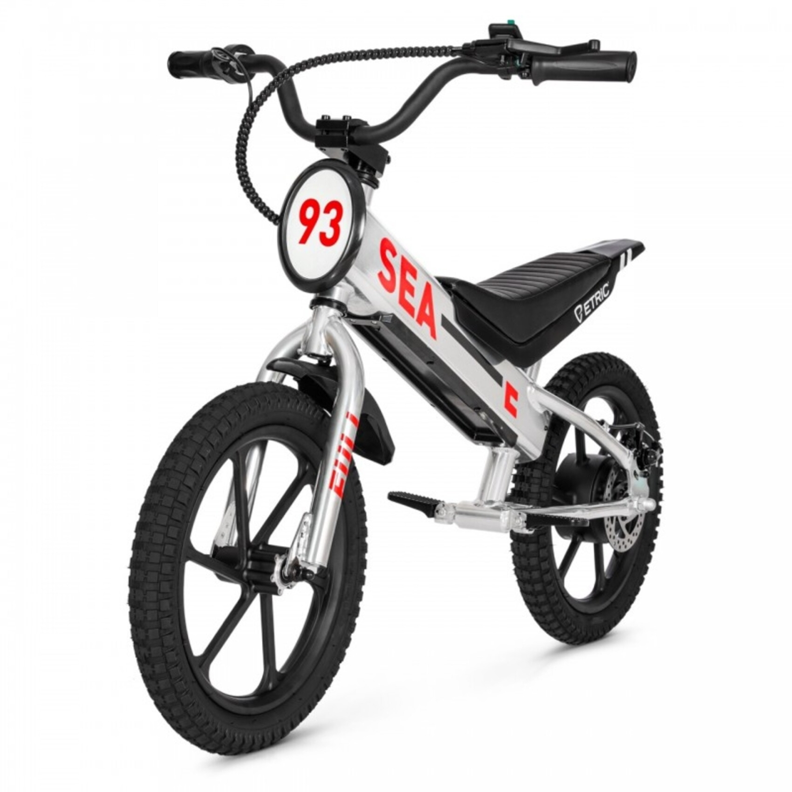 Bicicletta elettrica da equilibrio argento con numero 93 e marchio SEA.