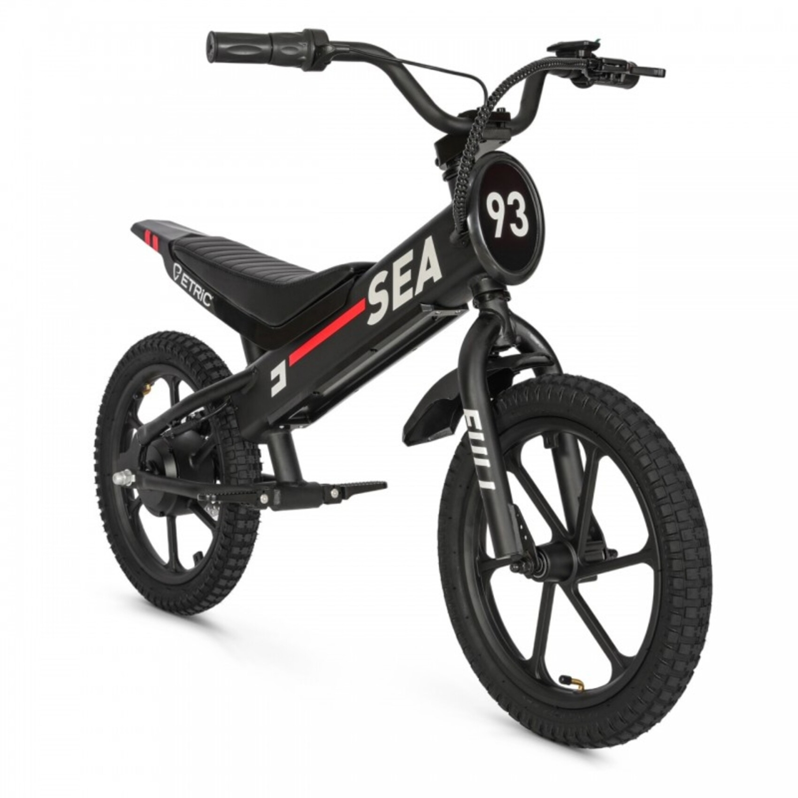 Motocicleta negra para niños con acentos rojos y blancos, número 93 al frente.